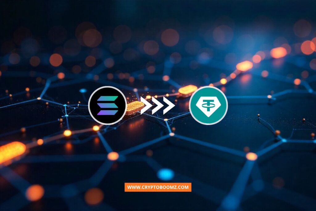 Tether and Solana blockchain integration visual showing cross-chain liquidity flow through digital connections.